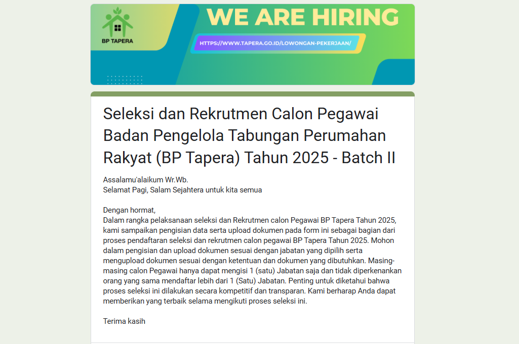 Lowongan Kerja BP Tapera Terbaru: Informasi Pendaftaran, Persyaratan, dan Jadwal Rekrutmen