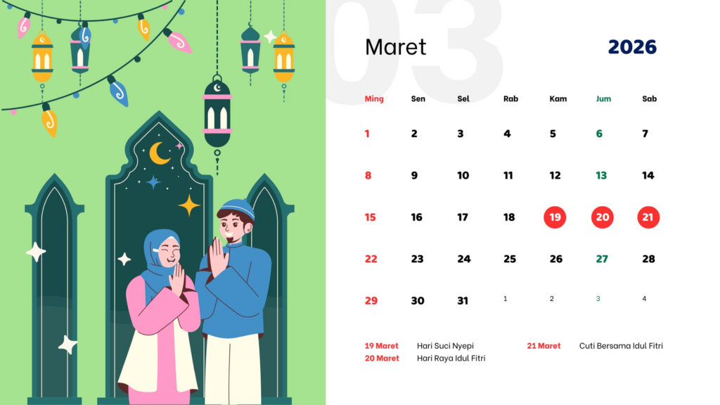 Kalender Maret 2026 Lengkap dengan Tanggal Merah, Libur Lebaran, dan Cuti Bersama